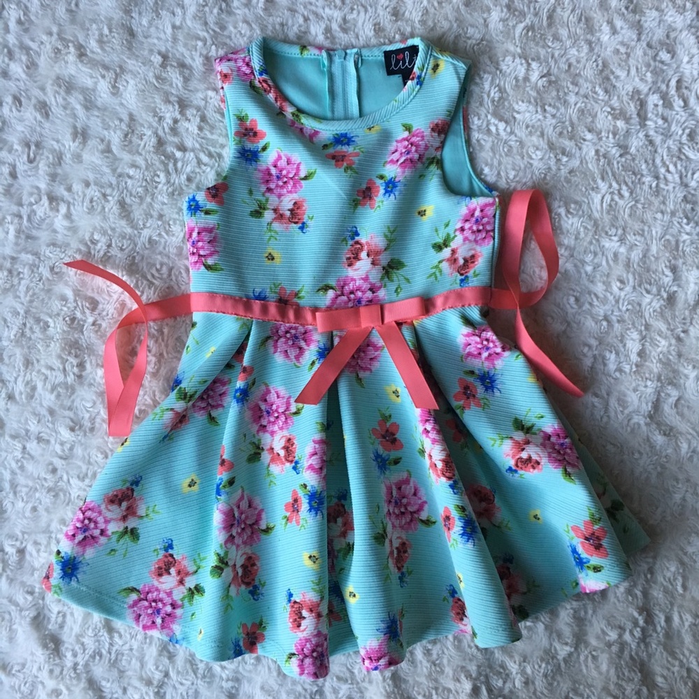 Floral Dress With Coral Ribbon Bow
